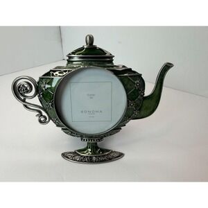 Decorative Frame Teapot Genie Lamp Silver Tone Green Accent 3x3